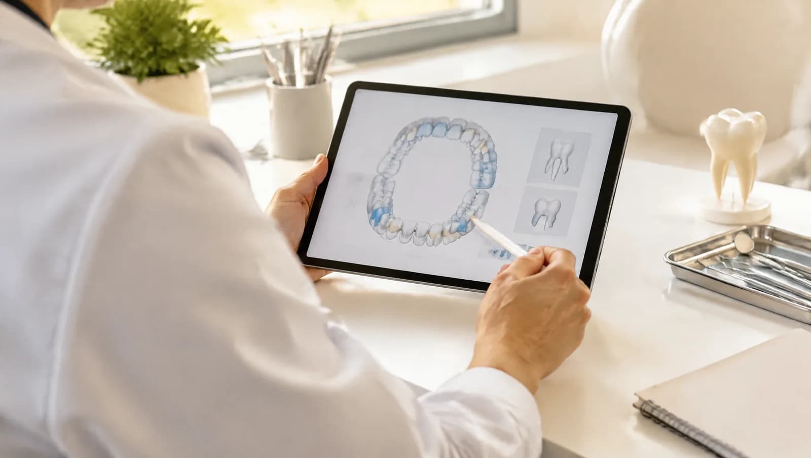 Profissional apresentando um plano de tratamento em tablet