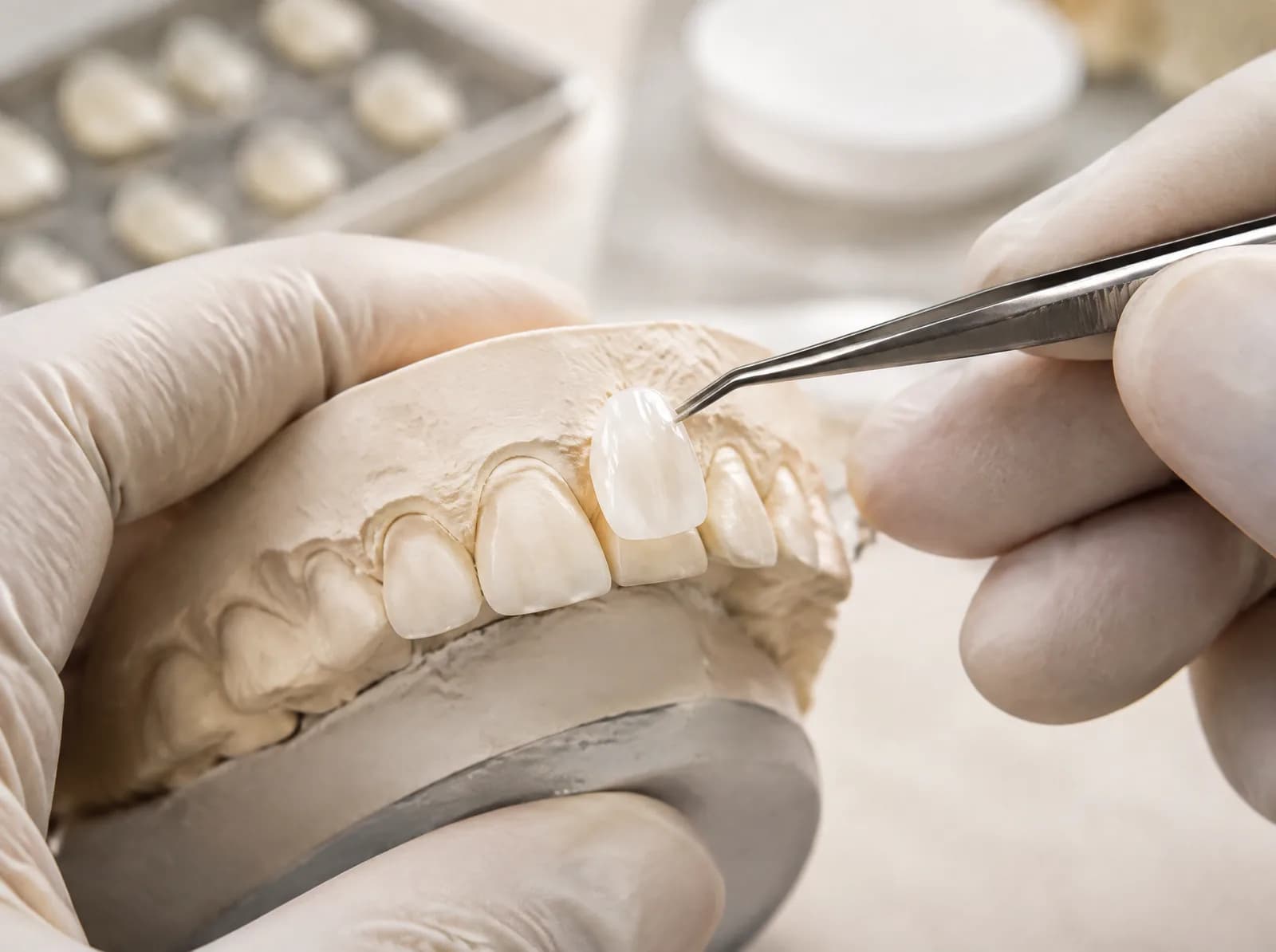 Faceta de porcelana sendo posicionada em modelo de gesso com pinça