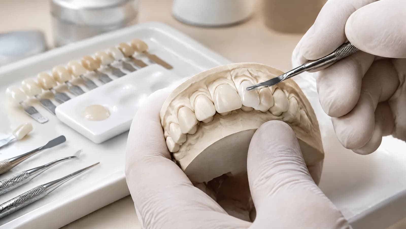 Escultura de faceta de resina em modelo de dentes anteriores, com escala de cor