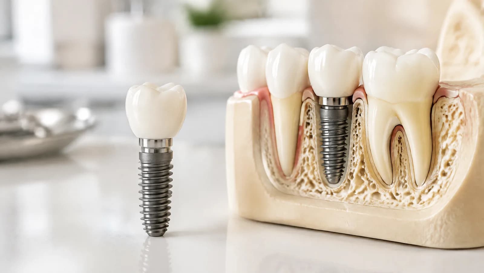 Modelo anatômico com implante dentário instalado no osso