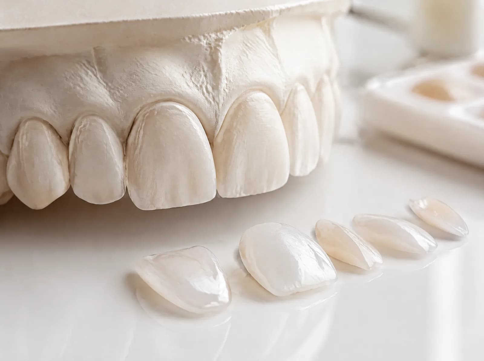 Modelo de dentes anteriores ao lado de lentes de contato dentais em cerâmica
