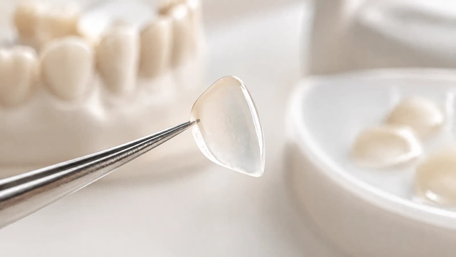 Lente de contato dental ultrafina segurada com pinça contra a luz, mostrando a translucidez