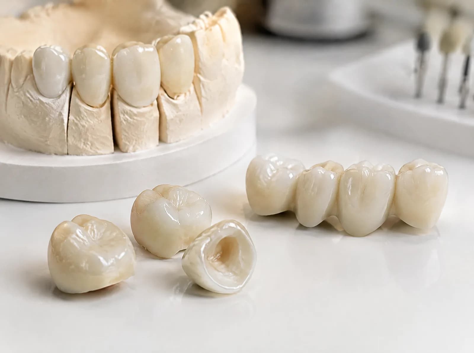 Coroas de zircônia e ponte cerâmica em bancada de laboratório