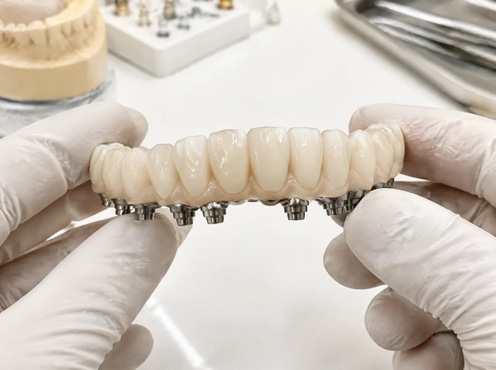 Prótese protocolo de zircônia sobre implantes, em bancada de laboratório