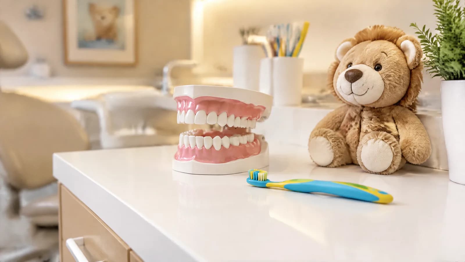 Cantinho de odontopediatria com modelo infantil