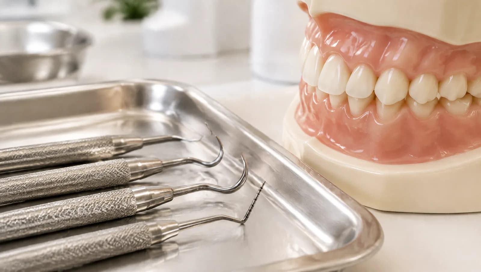 Curetas periodontais ao lado de modelo de gengiva